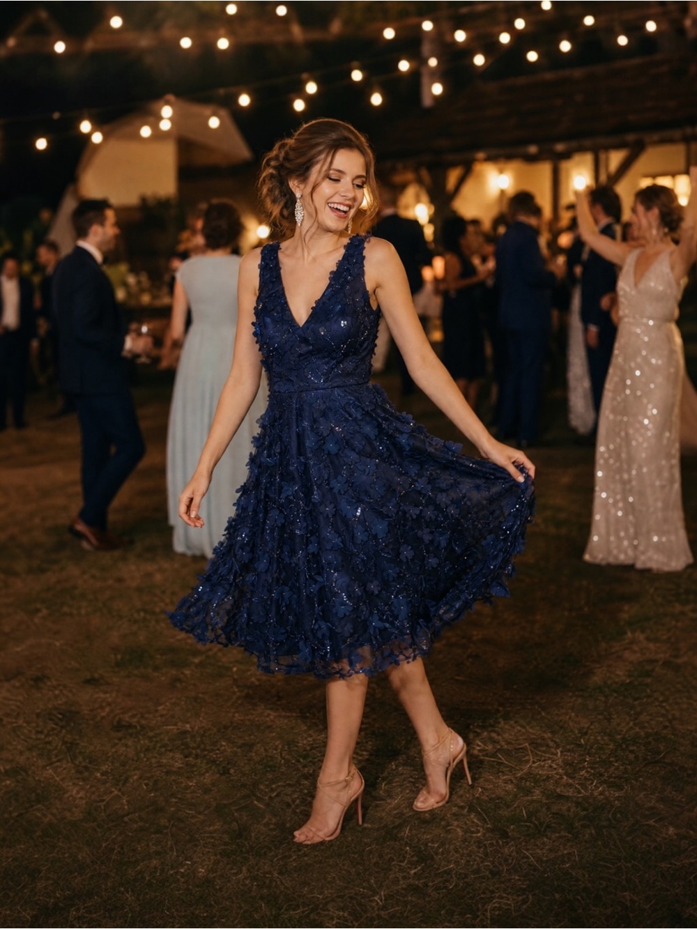 NWT Eliza J 3D Floral Sequin Dress Size 8 Navy Wedding Guest Pockets